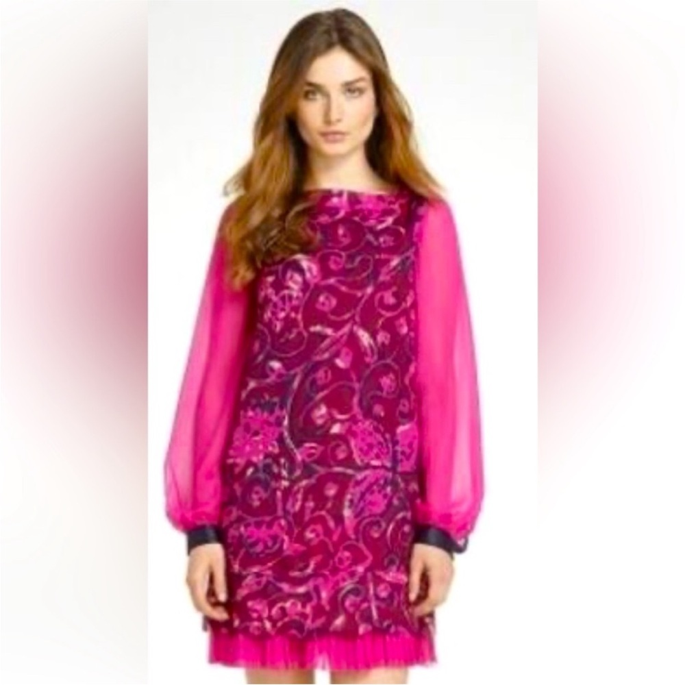 Tory Burch Women's Purple Black Floral Neck Puff Long Sleeve Mini Dress Size 2